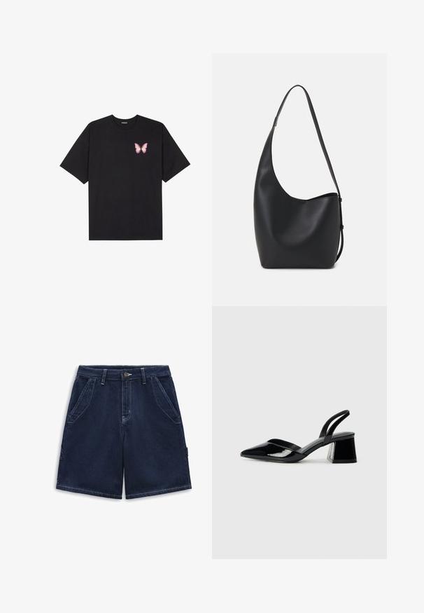 Zwarte katoenen t-shirt met korte mouwen, voorzien van een kleine roze vlinder graphic op de linkerkant van de borst. Crew neck ontwerp met een relaxte fit.; Vans GROUNDWORK - Jeansshort - dark denim; Zwarte gepatineerde leren slingback hakken met een spitse neus en een geometrische blokhak. Kenmerkt zich door een slank, minimalistisch ontwerp en een gladde textuur.; Zwarte leren hobo tas met een gladde textuur, kromme vorm en een enkele verstelbare schouderband; heeft een brede opening aan de bovenkant.