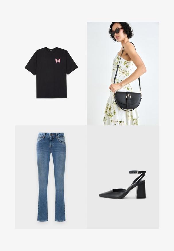 Černé bavlněné tričko s krátkým rukávem, na levém prsou s malou grafikou růžové motýlky. Design s kruhovým výstřihem a volným střihem.; Světle modré denimové zvonové džíny s pěti kapsami, zapínáním na knoflík a žlutými švy. Tkanina má hladkou strukturu.; Černé kožené lodičky se špičatou špičkou, kotníkovým páskem a silným podpatkem. Hladká textura, elegantní design a minimalistická estetika.; Černá kožená kabelka s křivkovým tvarem, odnímatelným popruhem a zlatými detaily. Kabelka má klopu s přezkou.