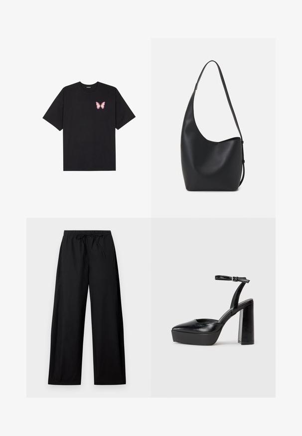 Zwarte katoenen t-shirt met korte mouwen, voorzien van een kleine roze vlinder graphic op de linkerkant van de borst. Crew neck ontwerp met een relaxte fit.; Zwarte wijde broek met een elastische tailleband en trekkoord. Gemaakt van lichte stof, met een gladde textuur en een eenvoudig ontwerp.; Zwarte plateauhakken met een puntige neus en verstelbare enkelband. Gemaakt van soepel leer, met een robuuste blokhak.; Zwarte leren hobo tas met een gladde textuur, kromme vorm en een enkele verstelbare schouderband; heeft een brede opening aan de bovenkant.