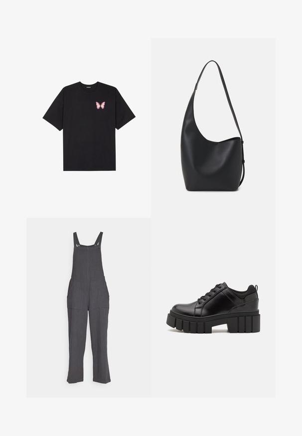 Must muströöpidega must puuvillane T-särk, vasakul rinnal on väike roosa liblikas. Ümar kaelus ja vabalt istuv lõige.; Hallide linane üldpüksid laia jalaosaga, reguleeritavate rihmadega ja kahe suure esikotiga. Omab tekstuurset kangast ja nööpkinnitusmooduleid.; Must musta platvormsussid paksu plokkninal, ümmarguse varbaga ja traditsioonilise nööridega kinnitamisega. Sussid on sileda tekstuuriga ja minimaalsete detailidega.; Mustast nahast hobo kott, millel on sile tekstuur, kumer kuju ja üks reguleeritav rihm; peal on lai avaus.