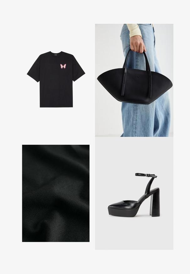 Czarny bawełniany t-shirt z krótkim rękawem, z małym różowym motylkiem na lewej piersi. Klasyczny dekolt z luźnym fasonem.; Czarna bawełniana tkanina o gładkiej fakturze, z delikatnymi falami i subtelnymi wzorami dzianiny. Materiał charakteryzuje się miękkim, elastycznym opadającym krojem.; Czarne platformy na wysokim obcasie z szpiczastym noskiem i regulowanym paskiem na kostkę. Wykonane z gładkiej skóry, z grubym słupkowym obcasem.; Czarna skórzana torebka w unikalnym kształcie wachlarza, z płaskimi uchwytami. Powierzchnia ma fakturę kamyków i minimalistyczny design.