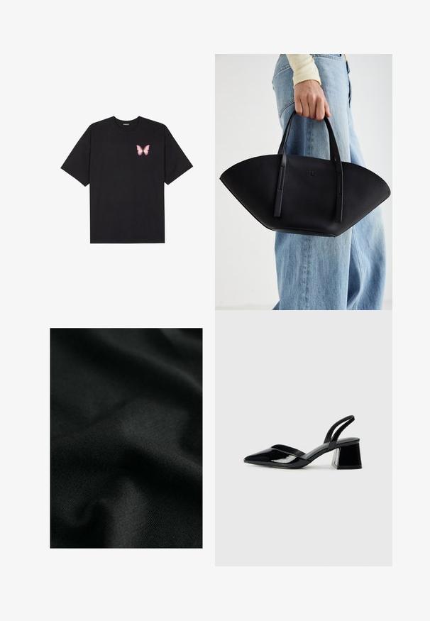 Čierne bavlnené tričko s krátkymi rukávmi, s malým ružovým motýlikom na ľavej hrudi. Design s okrúhlym výstrihom a uvoľneným strihom.; Čierna bavlnená látka s hladkým povrchom, s jemnými vlnitými vzorčekmi a subtílnou pleteninou. Materiál ponúka jemný, flexibilný pad.; Čierne lakované kožené sandálové podpätky s špicatou špičkou a geometrickým blokovým podpätkom. Disponujú elegantným, minimalistickým dizajnom a hladkým povrchom.; Čierna kožená kabelka s jedinečným tvarom ventilátora, so plochými držadlami. Povrch má štruktúru s brúseným efektom a minimalistic design.
