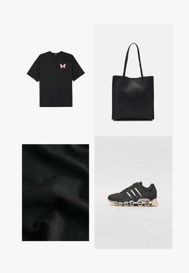 T-shirt en coton noir à manches courtes, avec un petit graphique de papillon rose sur la poitrine gauche. Modèle à col rond avec une coupe décontractée.; Tissu en coton noir avec une texture lisse, présentant de légers ondulations et des motifs en maille subtils. Le matériau offre un tombé doux et flexible.; Chaussure de sport noire avec un dessus texturé, trois bandes argentées et une semelle amortissante distinctive comportant plusieurs sections intégrées.; Sac fourre-tout en cuir noir avec une texture lisse, de forme rectangulaire et deux longues poignées. Pas de matériel ou d'ornementations visibles.