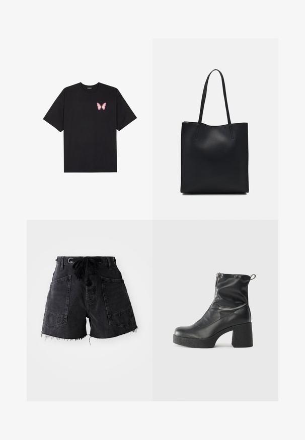 Tricou negru din bumbac cu mâneci scurte, având pe partea stângă a pieptului un mic grafic cu un fluture roz. Design cu guler rotund și croială lejeră.; Shorts negri din denim cu tiv desfăcut, având două buzunare mari în față și talie cu șnur. Materialul are o textură cu aspect în relief.; Bocanci negri de glezna din piele netedă, cu fermoar lateral, toc texturat și masiv, și design cu vârf rotund.; Geantă tote neagră din piele, cu textură netedă, formă rectangulară și două mânere lungi. Fără hardware vizibil sau ornamente.