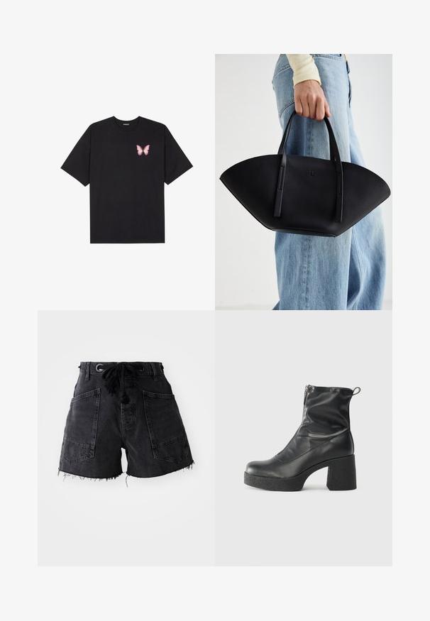 Črna bombažna majica s kratkimi rokavi, ki ima majhen roza metuljček na levi strani prsnega dela. Majica s krožnim ovratnikom in sproščenim krojem.; Črne denim kratke hlače s strganim robom, ki imajo dva velika sprednja žepa in pas z vrvico. Material ima teksturiran zaključek.; Črne gležnjarje iz gladke kože z božnim zadrgo, masivnim teksturiranim peto in zaobljeno obliko prstov.; Črna usnjena torbica z edinstveno obliko ventilatorja, z ravnimi ročaji. Površina ima teksturo z drobnimi kamni in minimalističen dizajn.