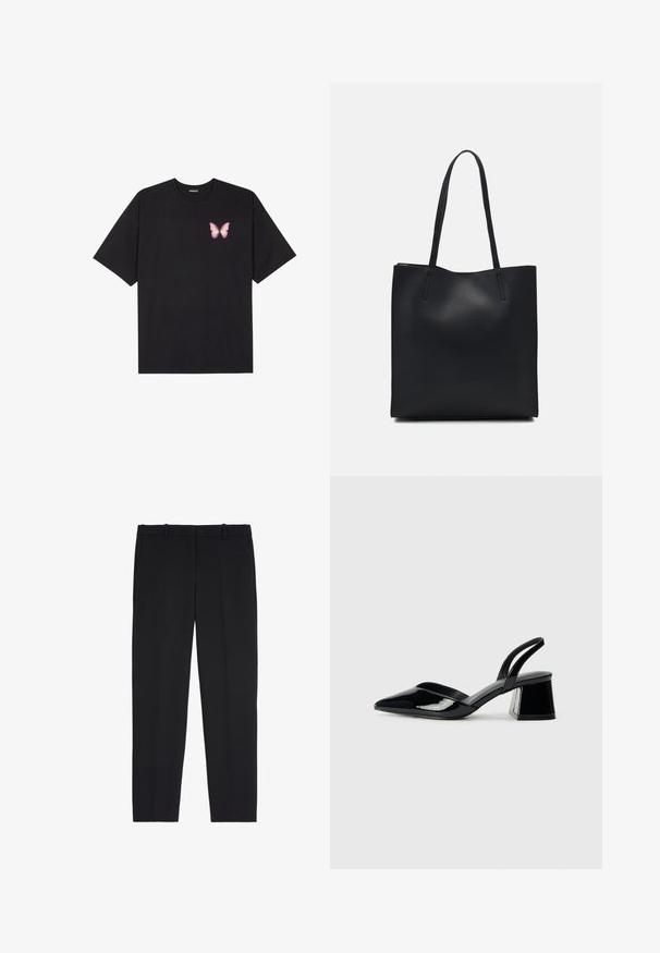 Zwarte katoenen t-shirt met korte mouwen, voorzien van een kleine roze vlinder graphic op de linkerkant van de borst. Crew neck ontwerp met een relaxte fit.; Zwarte broek van gladde stof, met een recht gesneden ontwerp, platte voorkant, riemlussen en zijzakken. Geen zichtbare patronen of accenten.; Zwarte gepatineerde leren slingback hakken met een spitse neus en een geometrische blokhak. Kenmerkt zich door een slank, minimalistisch ontwerp en een gladde textuur.; Zwarte leren handtas met een gladde textuur, rechthoekige vorm en twee lange handvaten. Geen zichtbare hardware of versieringen.