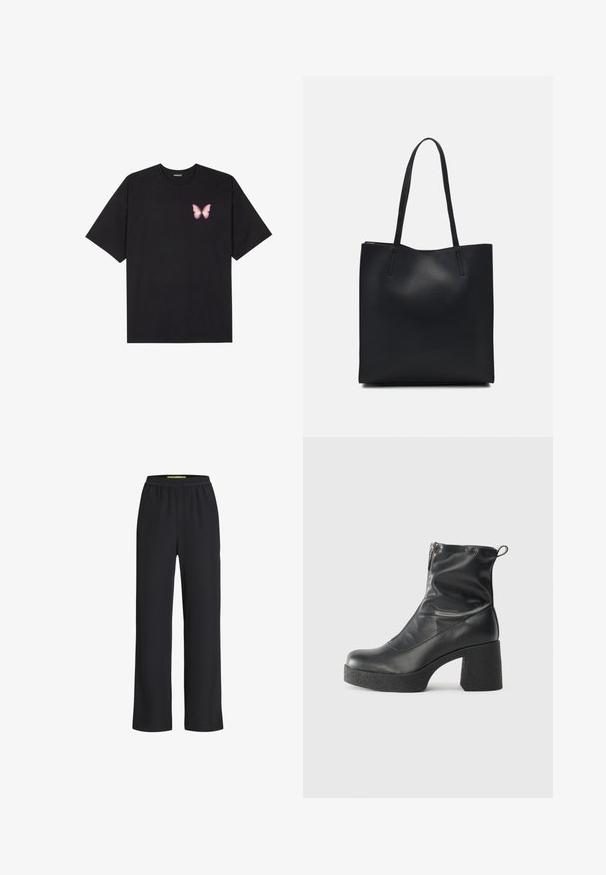 Svart bomulls T-skjorte med korte ermer, med en liten rosa sommerfugl grafikk på venstre bryst. Crew-neck design med en avslappet passform.; Sorte vide bukser med elastisk liv, laget av et mykt stoff, med en jevn tekstur og en løs passform gjennom bena.; Svarte ankelstøvler laget av glatt lær, med glidelås på siden, chunky strukturert hæl, og rund tå-design.; Svart lær tote bag med glatt tekstur, rektangulær form og to lange håndtak. Ingen synlige deler eller dekorasjoner.