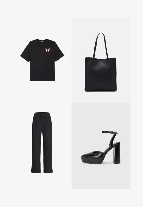 Juodas medvilnės marškinėliai trumpomis rankovėmis, su maža rožine drugelio grafika kairėje krūtinės pusėje. Apvalus kaklo iškirpimas, laisvas kirpimas.; Juodos plačios kojų kelnės su elastinga juosmens juosta, pagamintos iš minkštos medžiagos, pasižyminčios lygiu paviršiumi ir laisvu sijonu visame ilgyje.; Juodi platforminiai aukšti kulniukai su smailiu kojų pirštu ir reguliuojamu kulkšnies dirželiu. Pagaminti iš lygaus odos, turi masyvų blokinį kulną.; Juodas odinis tote krepšys su lygia tekstūra, stačiakampio formos ir dviem ilgais rankenomis. Matomų metalinių detalių ar puošybos nėra.