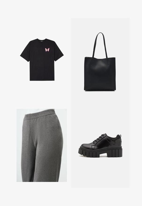Schwarzes Baumwoll-T-Shirt mit kurzen Ärmeln, das ein kleines pinkes Schmetterlingsmotiv auf der linken Brust zeigt. Crewneck-Design mit einem entspannten Schnitt.; Graue lässige Hose aus weichem Baumwollmischgewebe, mit einem gerippten Bund, geradem Beindesign und glatter Textur ohne sichtbare Muster.; Schwarze Lederplateauschuhe mit klobigem Blockabsatz, runder Zehenpartie und traditionellem Schnürdesign. Verfügt über eine glatte Textur und minimale Details.; Schwarze Laptoptasche aus Leder mit glatter Textur, rechteckiger Form und zwei langen Griffen. Keine sichtbaren Beschläge oder Verzierungen.