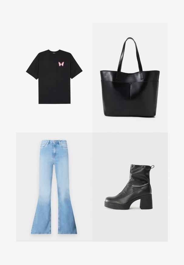 T-shirt de algodão preto com mangas curtas, apresentando um pequeno gráfico de borboleta rosa no lado esquerdo do peito. Design de gola redonda com um corte solto.; Jeans flare em azul claro feitos de ganga com cintura alta, apresentando bolsos frontais e uma textura desbotada na parte inferior das pernas.; Botas de tornozelo pretas feitas de couro liso, com fecho lateral, salto grosso texturizado e design de bico arredondado.; Bolsa tote preta em couro com duas alças longas, textura suave e forma estruturada. Apresenta um bolso frontal para armazenamento adicional.