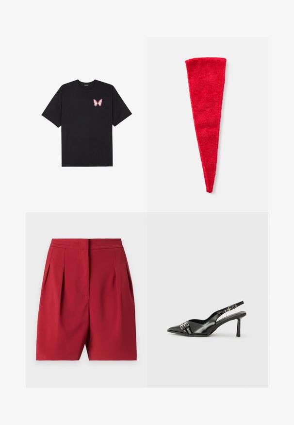 Črna bombažna majica s kratkimi rokavi, ki ima majhen roza metuljček na levi strani prsnega dela. Majica s krožnim ovratnikom in sproščenim krojem.; Rde kratke hlače s pregibi, izdelane iz gladkega materiala. Imajo strukturiran pas in čiste linije, kar ponuja izpopolnjen silhuet.; Črne patentne usnjene sandale s koničastim nosom, zankami okoli gležnja s srebrnimi sponkami in opremo ter vitkimi petami.; Rdeči trikotni tekstilni dodatek z mehkobo, pleteno teksturo. Se zoži od širšega vrha do ostrega dna, primeren za različne načine stilizacije.; Črna usnjena hobo torba z gladko teksturo, ukrivljeno obliko in eno nastavljivo naramnico; ima širok odprtina na vrhu.