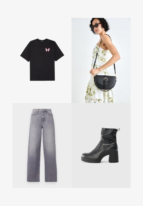 Svart bomulls T-skjorte med korte ermer, med en liten rosa sommerfugl grafikk på venstre bryst. Crew-neck design med en avslappet passform.; Høynyttede, vide jeans i lys grå denim. Har en klassisk fem-lomme-design, subtil fading og metallknapp-lukking.; Svarte ankelstøvler laget av glatt lær, med glidelås på siden, chunky strukturert hæl, og rund tå-design.; Svart lærveske med en buet form, avtagbar stropp og gullbeslag. Vesken har et klaff med spenne-detall.