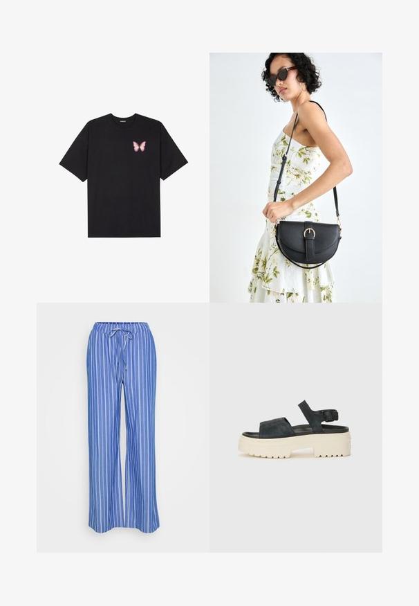 Must muströöpidega must puuvillane T-särk, vasakul rinnal on väike roosa liblikas. Ümar kaelus ja vabalt istuv lõige.; Sinised triibulised püksid laia jala kujundusega, millel on nööriga vöökoht ja kontrasti loomiseks valged vertikaalsed triibud. Pehme, kergesti voolav kangas.; Mustad musta sametist platvormsandaalid, millel on paks valge tald, lai esirihm ja reguleeritav pahkluu nööpe. Tekstureeritud tallad haardevad.; Mustmust mustraha kõverate joontega, eemaldatava rihmaga ja kuldsete detailidega. Kotil on klapp, millel on pandladetail.