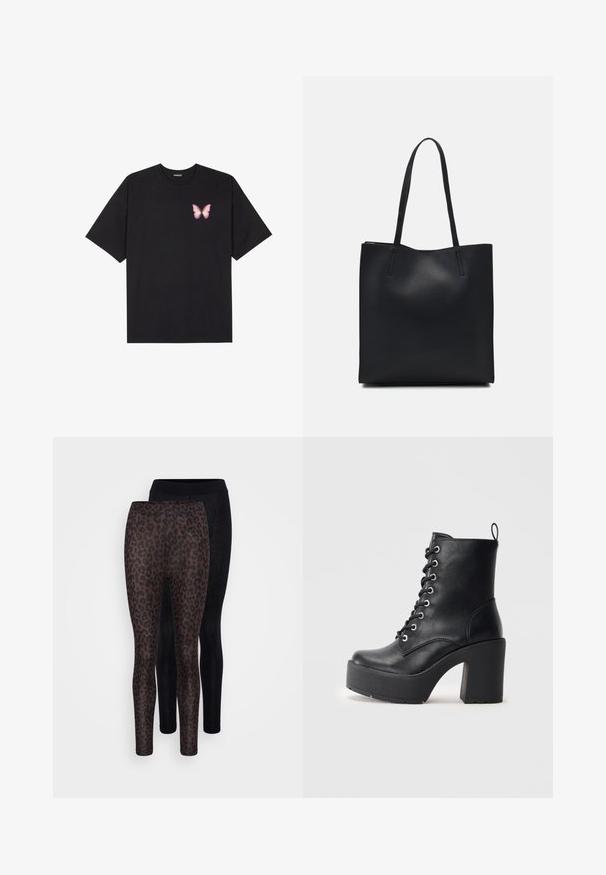 Fekete pamut póló rövid ujjakkal, bal mellkason egy kis rózsaszín pillangó grafikával. Kerek nyakú kialakítás, laza fazonnal.; Két leggings pár: az egyik fekete, a másik leopárd mintás, barna foltokkal sötét háttéren. Mindkettő testhezálló és sima textúrájú.; Fekete bőr bokacsizma vastag blokk sarkkal, fűzős elejével és texturált felületével. Hátul található egy fülecske, ami megkönnyíti a felhúzást.; Fekete bőrtáska sima felszínnel, téglalap alakú, két hosszú füllel. Nincs látható fémkiegészítő vagy díszítés.