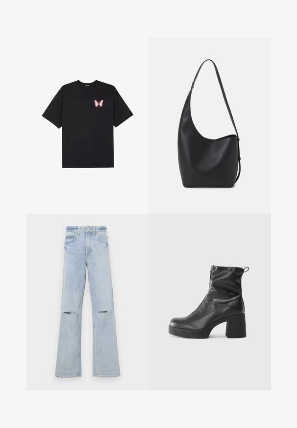 Svart bomulls T-skjorte med korte ermer, med en liten rosa sommerfugl grafikk på venstre bryst. Crew-neck design med en avslappet passform.; Lyseblå vide jeans med frynset knecutouts, høy livhøyde og klassisk fem-lommers design. Laget av denimstoff med en myk tekstur.; Svarte ankelstøvler laget av glatt lær, med glidelås på siden, chunky strukturert hæl, og rund tå-design.; Svart lær hobo-veske med glatt tekstur, buet form og enkelt justerbart stropp; har en bred åpning på toppen.