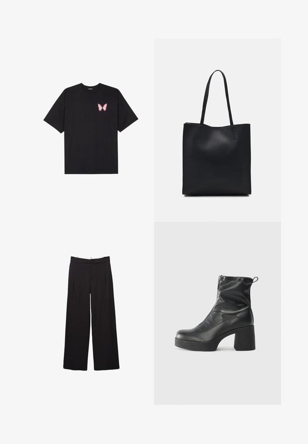 Czarny bawełniany t-shirt z krótkim rękawem, z małym różowym motylkiem na lewej piersi. Klasyczny dekolt z luźnym fasonem.; Czarne, szerokie spodnie o kroju tailored z fałdami z przodu, przeszyciami na pasek oraz ukrytym zapięciem z przodu.; Czarne botki za kostkę wykonane z gładkiej skóry, wyposażone w boczny zamek błyskawiczny, masywny teksturowany obcas oraz zaokrąglony czubek.; Czarna skórzana torba tote o gładkiej fakturze, prostokątnym kształcie i dwóch długich uchwytach. Brak widocznych elementów metalowych i ozdób.