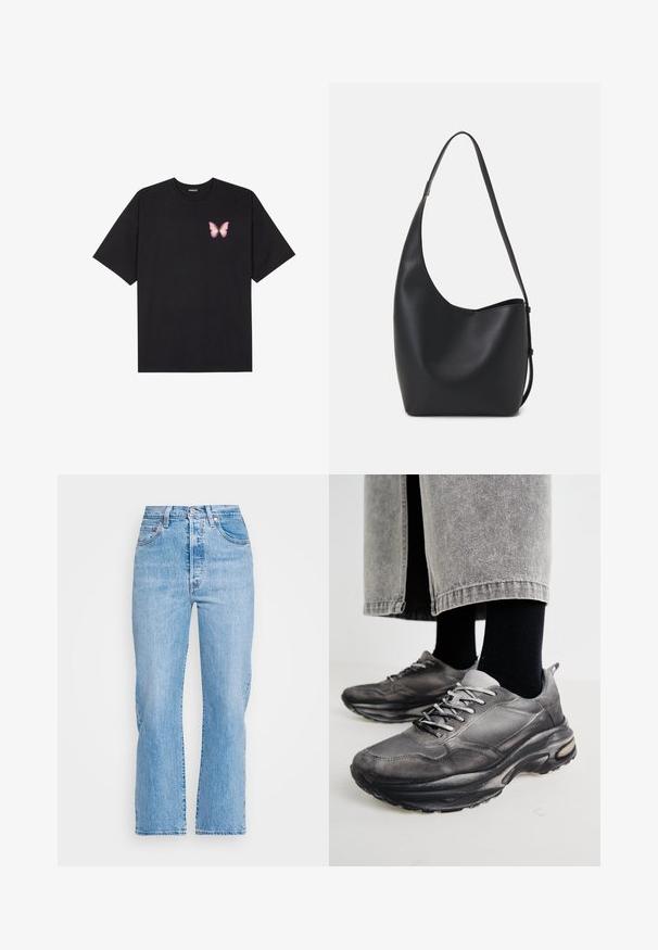 T-shirt de algodão preto com mangas curtas, apresentando um pequeno gráfico de borboleta rosa no lado esquerdo do peito. Design de gola redonda com um corte solto.; Jeans de denim azul claro com cintura alta, corte straight leg, design tradicional de cinco bolsos e desbotamento discreto para textura.; Sapatilhas atléticas pretas e cinzentas apresentam um upper em malha, solas espessas e atacadores. Têm um bico arredondado e detalhes de amortecimento visíveis.; Saco hobo preto em pele com uma textura lisa, forma curva e uma única alça ajustável; apresenta uma abertura larga na parte de cima.