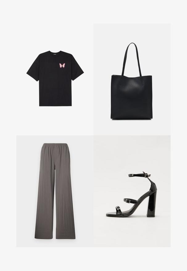 Black cotton t-shirt with short sleeves, featuring a small pink butterfly graphic on the left chest. Crew neck design with a relaxed fit.; Wide-legged trousers in a textured, dark gray fabric. Features an elastic waistband and stitched hem.; Black patent heeled sandals with a square toe, ankle straps, and silver buckles. Features a chunky block heel for stability.; Black leather tote bag with smooth texture, rectangular shape, and two long handles. No visible hardware or embellishments.