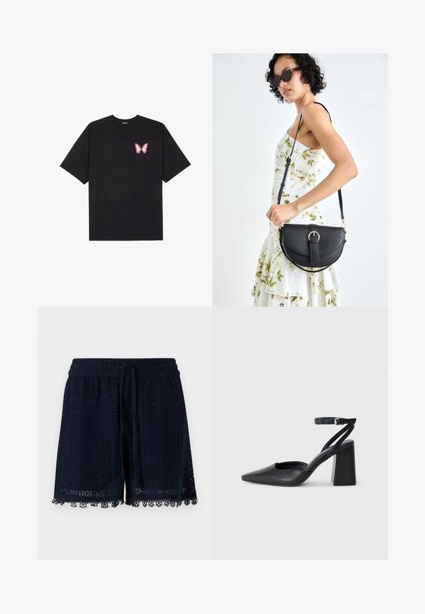 Schwarzes Baumwoll-T-Shirt mit kurzen Ärmeln, das ein kleines pinkes Schmetterlingsmotiv auf der linken Brust zeigt. Crewneck-Design mit einem entspannten Schnitt.; Marineblaue Shorts aus gehäkeltem Stoff mit einem strukturierten Muster und Spitze am Saum. Elastischer Bund mit Kordelzug.; Schwarze Leder-Pumps mit spitzer Zehe, einem Knöchelriemen und einem blockigen Absatz. Flache Textur, elegantes Design und minimalistische Ästhetik.; Schwarze Lederhandtasche mit geschwungener Form, abnehmbarem Tragegurt und goldenen Beschlägen. Die Tasche verfügt über einen Deckel mit einer Schnallen-Details.