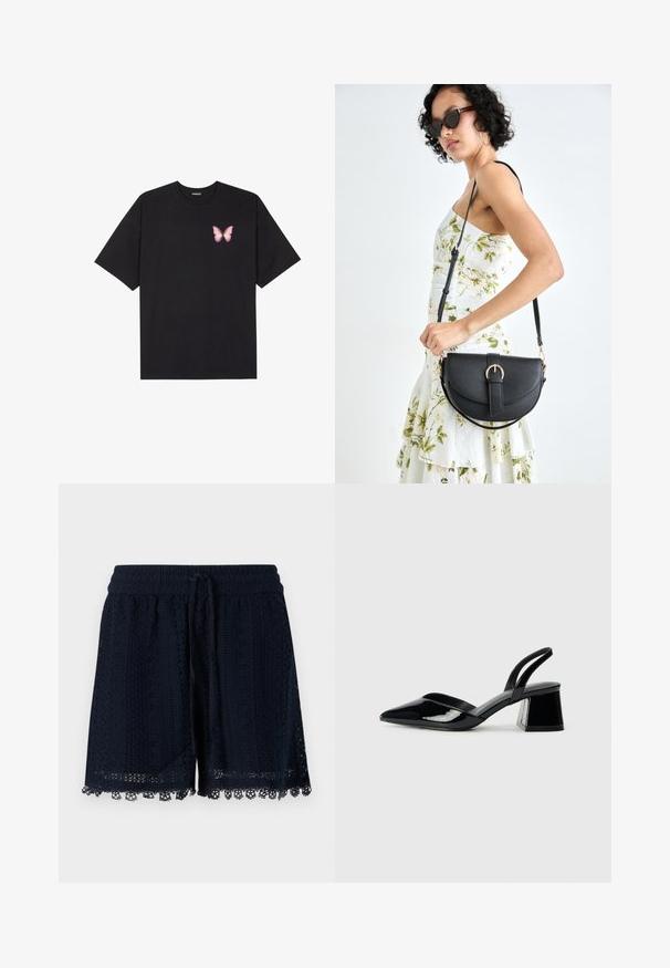 Schwarzes Baumwoll-T-Shirt mit kurzen Ärmeln, das ein kleines pinkes Schmetterlingsmotiv auf der linken Brust zeigt. Crewneck-Design mit einem entspannten Schnitt.; Marineblaue Shorts aus gehäkeltem Stoff mit einem strukturierten Muster und Spitze am Saum. Elastischer Bund mit Kordelzug.; Schwarze Lackleder-Slingback-High Heels mit spitzem Schuh und einem geometrischen Blockabsatz. Verfügt über ein schlankes, minimalistisches Design und eine glatte Textur.; Schwarze Lederhandtasche mit geschwungener Form, abnehmbarem Tragegurt und goldenen Beschlägen. Die Tasche verfügt über einen Deckel mit einer Schnallen-Details.