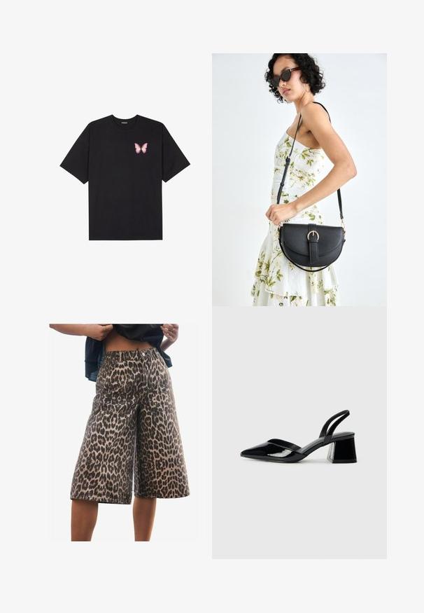 Černé bavlněné tričko s krátkým rukávem, na levém prsou s malou grafikou růžové motýlky. Design s kruhovým výstřihem a volným střihem.; Next JORT - Džínové kraťasy - leopard print; Černé lakované kožené lodičky na pásku s špičatou špičkou a geometrickým blokovým podpatkem. Vyznačují se elegantním, minimalistickým designem a hladkým povrchem.; Černá kožená kabelka s křivkovým tvarem, odnímatelným popruhem a zlatými detaily. Kabelka má klopu s přezkou.
