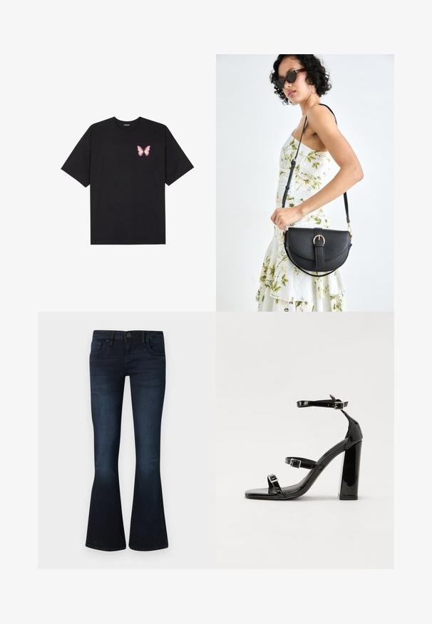 Musta puuvillapaita lyhyillä hihoilla, jossa on pieni vaaleanpunainen perhosgrafiikka vasemmassa rinnassa. Pyöreä kaula-aukko ja rento istuvuus.; Tummansiniset naisten bootcut-farkut, etupainikkeella, viiden taskun suunnittelulla ja kevyellä kulumisella reisissä ja polvissa, yksinkertaisen taustan edessä.; Musta kiiltävä korkokenkä sandaalit neliönmuotoisella varpaalla, nilkkaremmillä ja hopeisilla soljilla. Varustettu tukevalla lohkokorkealla vakauden takaamiseksi.; Musta nahkainen käsilaukku, joka on kaareva muotoilultaan, irrotettavalla hihnalla ja kultaisilla yksityiskohdilla. Laukussa on läppä, jossa on solk yksityiskohta.