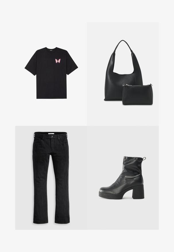 T-shirt de algodão preto com mangas curtas, apresentando um pequeno gráfico de borboleta rosa no lado esquerdo do peito. Design de gola redonda com um corte solto.; Calças de ganga pretas com corte reto, apresentando um design clássico de cinco bolsos, uma textura vertical subtil e fecho frontal com botão.; Botas de tornozelo pretas feitas de couro liso, com fecho lateral, salto grosso texturizado e design de bico arredondado.; Even&Odd Mala de mão - black