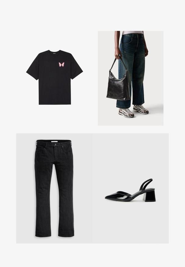 Black cotton t-shirt with short sleeves, featuring a small pink butterfly graphic on the left chest. Crew neck design with a relaxed fit.; Black denim jeans with a straight leg cut, featuring a classic five-pocket design, subtle vertical texture, and front button closure.; Black patent leather slingback heels with a pointed toe and a geometric block heel. Features a sleek, minimal design and smooth texture.; Black leather shoulder bag with a smooth texture and adjustable strap, paired with faded wide-leg jeans and athletic sneakers.