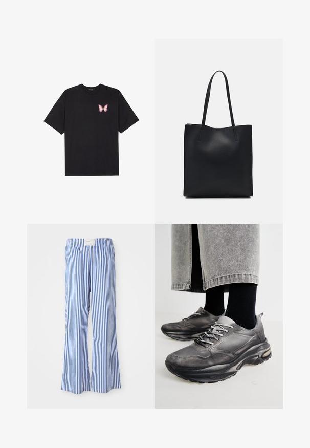 Crna pamučna majica s kratkim rukavima, s malim grafičkim prikazom ružičaste vjetricaste s desne strane na prsima. Dizajn s okruglim izrezom i opuštenim krojem.; Plave i bijele prugaste hlače opuštenog kroja, izrađene od lagane tkanine, s elastičnom pasicom i suptilnom oznakom logotipa.; Crne i sivo sportske cipele imaju mrežastu gornjište, debele potplate i vezice. Imaju zaobljen vrh i vidljive detalje s jastučićima.; Crna kožna torba za nošenje s glatkom teksturom, pravokutnim oblikom i dvije duge ručke. Nema vidljivih metalnih dijelova ili ukrasa.