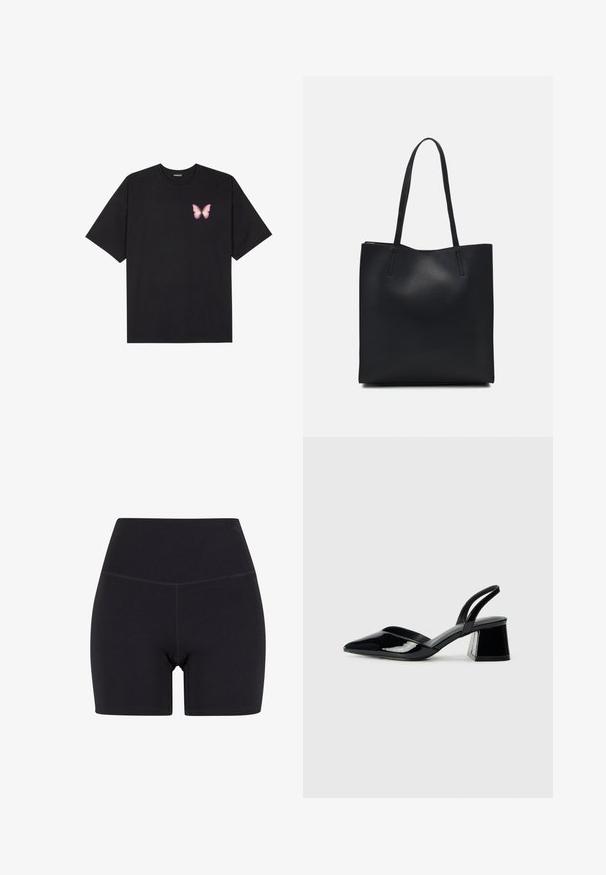 Juodas medvilnės marškinėliai trumpomis rankovėmis, su maža rožine drugelio grafika kairėje krūtinės pusėje. Apvalus kaklo iškirpimas, laisvas kirpimas.; Juodos aukšto juosmens šortai, pagaminti iš elastingos medžiagos. Yra su elastinga juosmens juosta, lygiu paviršiumi ir vidutinio ilgio iki šlaunų, be siūlių dizainu.; Juodos lakuotos odinės šlepetės su smailiu pirštu ir geometriniu bloko kulnu. Turi elegantišką, minimalistinį dizainą ir lygų paviršių.; Juodas odinis tote krepšys su lygia tekstūra, stačiakampio formos ir dviem ilgais rankenomis. Matomų metalinių detalių ar puošybos nėra.