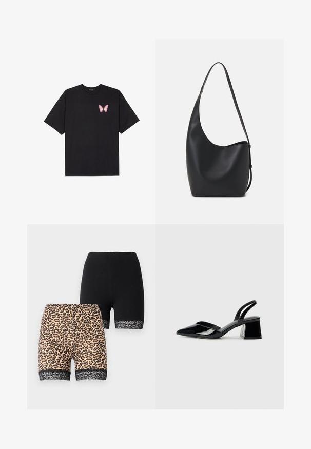 Fekete pamut póló rövid ujjakkal, bal mellkason egy kis rózsaszín pillangó grafikával. Kerek nyakú kialakítás, laza fazonnal.; Két sort: az egyik egyszínű fekete anyagból készült, a másik pedig világosbarna leopárdmintás, fekete csipkével díszített szegéllyel. Mindkettő közepes hosszúságú.; Fekete lakk bőr szandálkés magas sarkú cipő, hegyes orral és geometrikus tömbsarkakkal. Karcsú, minimalista dizájn és sima textúra jellemzi.; Fekete bőr hobo táska sima textúrával, ívelt formával és egyetlen állítható pánttal; széles nyílás található a tetején.