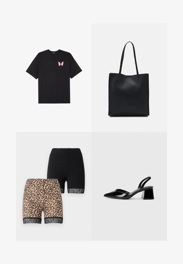 Tricou negru din bumbac cu mâneci scurte, având pe partea stângă a pieptului un mic grafic cu un fluture roz. Design cu guler rotund și croială lejeră.; Două perechi de pantaloni scurt: una dintr-un material negru solid, cealaltă cu un imprimeu de leopard bej și cu o dantelă neagră la margine. Ambele sunt de lungime medie.; Pantofi cu toc slingback din piele lacuită neagră, cu vârf ascuțit și toc geometric. Prezintă un design elegant, minimalist și o textură netedă.; Geantă tote neagră din piele, cu textură netedă, formă rectangulară și două mânere lungi. Fără hardware vizibil sau ornamente.