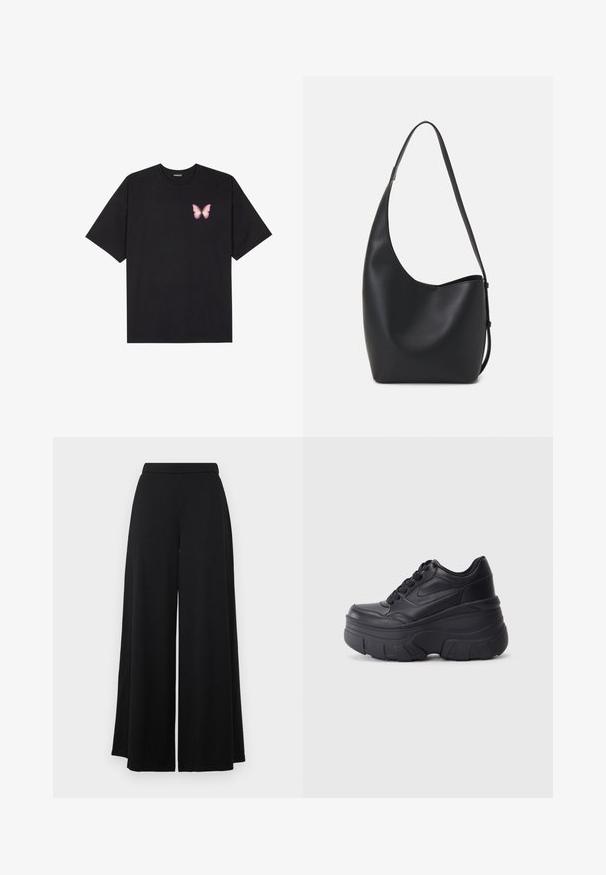 Čierne bavlnené tričko s krátkymi rukávmi, s malým ružovým motýlikom na ľavej hrudi. Design s okrúhlym výstrihom a uvoľneným strihom.; Čierne široké nohavice s plochým pásom. Vyrobené z hladkého, ľahkého materiálu, ktorý má voľný siluetu. Bez vreciek alebo ozdôb.; Čierne šnurovacie tenisky s hrubou podrážkou, s hladkým koženým zvrškom, okrúhlou špičkou a charakteristickým vrstveným dizajnom platformy.; Čierna kožená hobo taška so hladkou textúrou, zakriveným tvarom a jedným nastaviteľným popruhom; má široké otvorenie na vrchu.