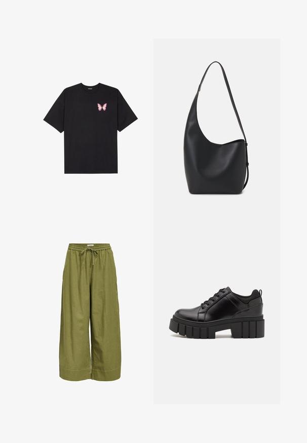 Must muströöpidega must puuvillane T-särk, vasakul rinnal on väike roosa liblikas. Ümar kaelus ja vabalt istuv lõige.; Roheline laiad püksid kergest materjalist, pa elastne vöökoht ja tõmblukuga, sileda ja tekstuurita pinnaga.; Must musta platvormsussid paksu plokkninal, ümmarguse varbaga ja traditsioonilise nööridega kinnitamisega. Sussid on sileda tekstuuriga ja minimaalsete detailidega.; Mustast nahast hobo kott, millel on sile tekstuur, kumer kuju ja üks reguleeritav rihm; peal on lai avaus.