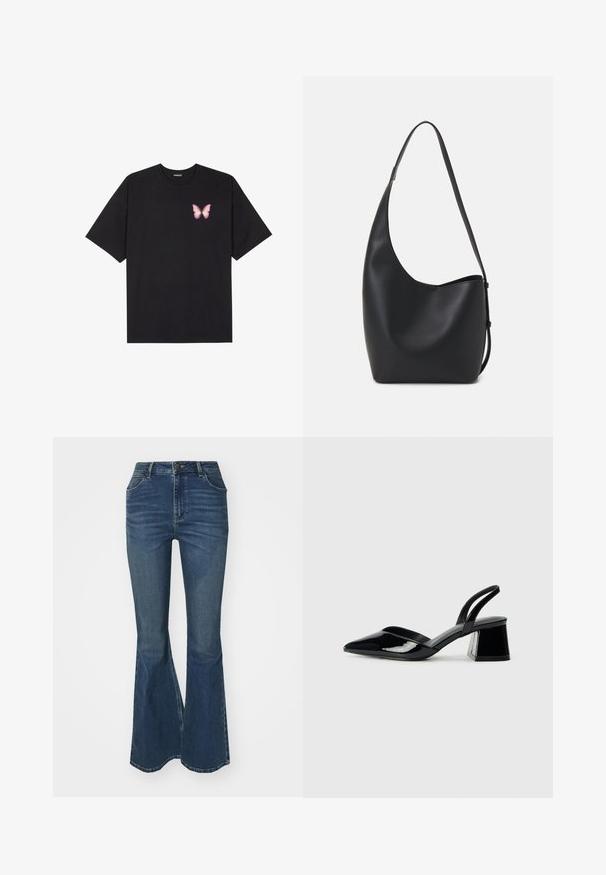 Must muströöpidega must puuvillane T-särk, vasakul rinnal on väike roosa liblikas. Ümar kaelus ja vabalt istuv lõige.; Wrangler FIERCE - Alt laienevad teksad - phoenix; Mustad musta lakknahk kingad, millel on terav varvas ja geomeetriline plokkkonts. Omab elegantselt minimalistlikku disaini ja sujuvat tekstuuri.; Mustast nahast hobo kott, millel on sile tekstuur, kumer kuju ja üks reguleeritav rihm; peal on lai avaus.