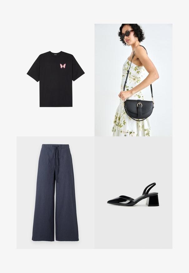 Black cotton t-shirt with short sleeves, featuring a small pink butterfly graphic on the left chest. Crew neck design with a relaxed fit.; Wide-leg trousers in navy blue with white vertical stripes. Made from a lightweight fabric, featuring a drawstring waist and smooth texture.; Black patent leather slingback heels with a pointed toe and a geometric block heel. Features a sleek, minimal design and smooth texture.; Black leather handbag with a curved shape, detachable strap, and gold hardware. The bag features a flap with a buckle detail.