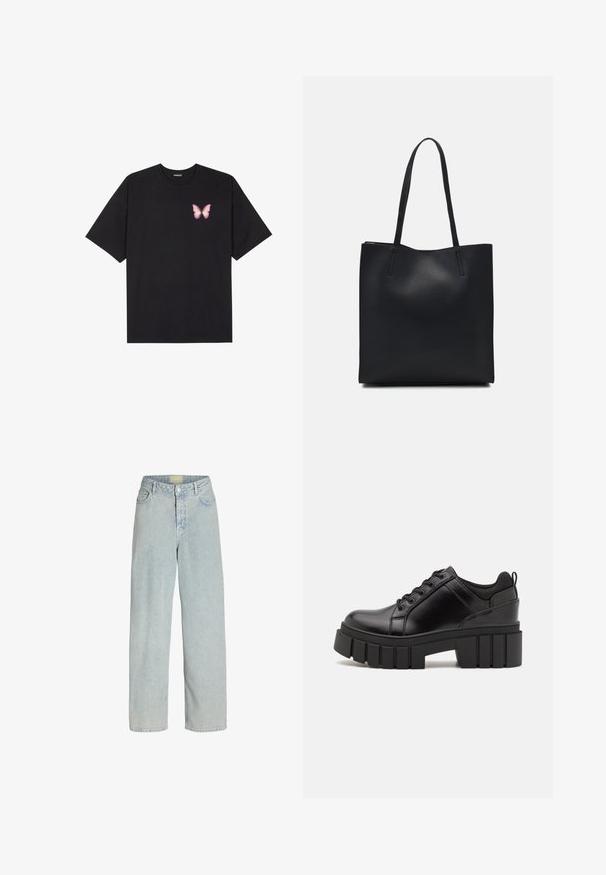 T-shirt de algodão preto com mangas curtas, apresentando um pequeno gráfico de borboleta rosa no lado esquerdo do peito. Design de gola redonda com um corte solto.; Jeans de ganga azul claro, de perna larga, com uma cintura alta, bolsos frontais e fecho de botão. O tecido tem uma aparência suave e ligeiramente texturizada.; Sapatos de plataforma em couro preto com um salto bloco robusto, bico redondo e design clássico de atacadores. Apresentam uma textura suave e detalhes mínimos.; Bolsa tote preta em couro com textura lisa, forma retangular e duas alças longas. Sem hardware ou enfeites visíveis.