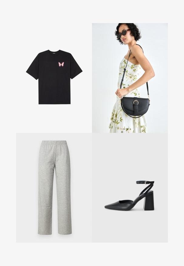 Melna kokvilnas T-krekls ar īsām piedurknēm, kuram priekšā kreisajā pusē ir neliels rozā tauriņa grafiskais attēls. Ar apaļu kaklu un brīvā stila piegriezumu.; Pieces PCCHILLI SUMMER WIDE PANTS - Auduma bikses - light grey melange; Melna ādas augstpapēžu kurpe ar norakstīto purngala formu, potītes siksniņu un masīlu papēdi. Gluda tekstūra, elegants dizains un minimālisma estētika.; Melnas ādas rokassoma ar izliekta formu, noņemamu siksnu un zelta aksesuāriem. Somai ir vāciņš ar sprādzes detaļu.