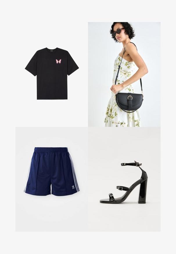 Černé bavlněné tričko s krátkým rukávem, na levém prsou s malou grafikou růžové motýlky. Design s kruhovým výstřihem a volným střihem.; Námořnické sportovní šortky vyrobené z lehkého materiálu, s bílými bočními pruhy a vyšitým logem na dolním levém rohu. Elastický pas.; Černé lakované sandály na vysokém podpatku se dvěma pásky se sponami, čtvercovou špičkou a robustním blokovým podpatkem, s hladkou, lesklou texturou.; Černá kožená kabelka s křivkovým tvarem, odnímatelným popruhem a zlatými detaily. Kabelka má klopu s přezkou.