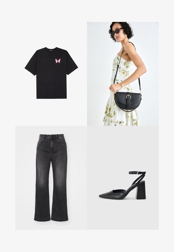 Black cotton t-shirt with short sleeves, featuring a small pink butterfly graphic on the left chest. Crew neck design with a relaxed fit.; Wide-leg black denim jeans with a high waist, five-pocket design, and faded texture. Features a button and zipper closure.; Black leather pointy-toe pump with an ankle strap and a chunky heel. Flat texture, sleek design, and minimalistic aesthetics.; Black leather handbag with a curved shape, detachable strap, and gold hardware. The bag features a flap with a buckle detail.
