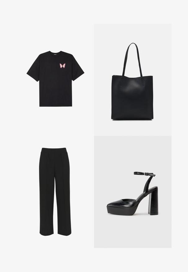 Čierne bavlnené tričko s krátkymi rukávmi, s malým ružovým motýlikom na ľavej hrudi. Design s okrúhlym výstrihom a uvoľneným strihom.; Čierne široké nohavice s plochým pásom, zdobené prednými skladmi a hladkou textúrou. Žiadne viditeľné vrecká ani kovové doplnky.; Čierne platformové podpätky so špicatou špičkou a nastaviteľným členkovým remienkom. Vyrobené z hladkej kože a so robustným blokovým podpätkom.; Čierna kožená taška na rameno s hladkým povrchom, obdĺžnikovým tvarom a dvoma dlhými uchami. Bez viditeľného kovania alebo ozdôb.
