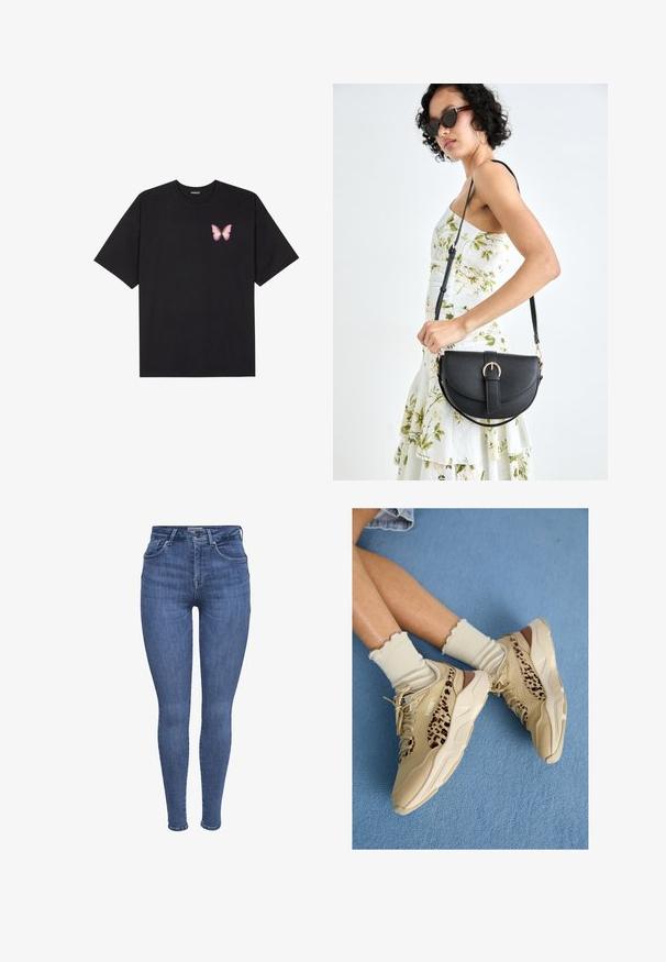 Tricou negru din bumbac cu mâneci scurte, având pe partea stângă a pieptului un mic grafic cu un fluture roz. Design cu guler rotund și croială lejeră.; Jeans skinny cu talie înaltă, de culoare albastră, cu buzunare frontale, închidere cu nasture și fermoar, și curea, expuși pe un fundal alb.; Picioare încrucișate purtând adidași Puma bej cu dungi cu imprimeu leopard și șosete crem cu volănașe pe un covor albastru.; Geantă din piele neagră, cu o formă curbată, curea detașabilă și accesorii aurii. Geanta are un capac cu un detaliu tip cataramă.