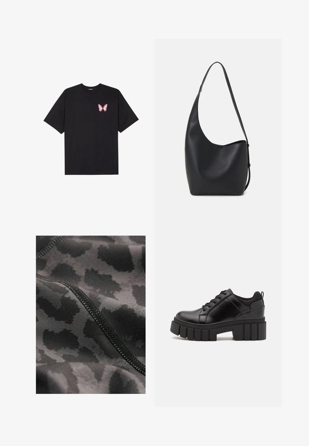Tricou negru din bumbac cu mâneci scurte, având pe partea stângă a pieptului un mic grafic cu un fluture roz. Design cu guler rotund și croială lejeră.; Material sportiv negru cu un model subtil de leopard. Textură netedă, cu cusături vizibile de-a lungul marginilor.; Pantofi cu talpă plată din piele neagră, cu toc gros, vârf rotund și design tradițional cu șireturi. Prezintă o textură netedă și detalii minime.; Geantă hobo din piele neagră, cu o textură netedă, formă curbată și un singur bretele ajustabil; are o deschidere largă în partea de sus.
