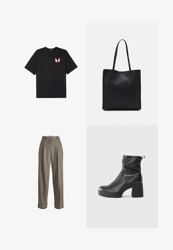 T-shirt de algodão preto com mangas curtas, apresentando um pequeno gráfico de borboleta rosa no lado esquerdo do peito. Design de gola redonda com um corte solto.; Calças taupe de cintura alta, com ajuste largo, apresentando pregas, bainhas dobradas e uma textura de tecido suave. Sem fechos visíveis.; Botas de tornozelo pretas feitas de couro liso, com fecho lateral, salto grosso texturizado e design de bico arredondado.; Bolsa tote preta em couro com textura lisa, forma retangular e duas alças longas. Sem hardware ou enfeites visíveis.