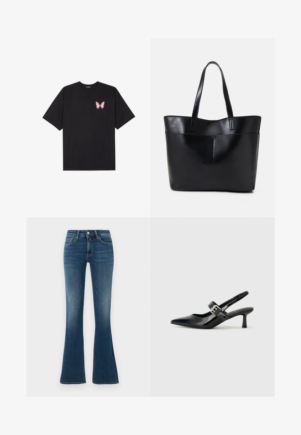 Svart bomullströja med korta ärmar, med en liten rosa fjärilsgrafik på vänster bröst. Rundad halsdesign med en avslappnad passform.; Blå denim högmidjade jeans med lätt blekning, framfickor, knapp, dragkedja och utsvängda ben mot en enkel ljus bakgrund.; Svarta patentläder slingback-klackar med spetsig tå och en liten blockklack, med en silvrig spänneaccent på remmen.; Svart läder tote-väska med två långa handtag, en slät yta och en strukturerad form. Har en framficka för extra förvaring.