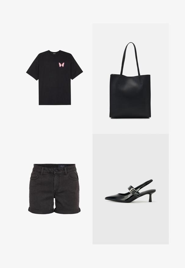 T-shirt de algodão preto com mangas curtas, apresentando um pequeno gráfico de borboleta rosa no lado esquerdo do peito. Design de gola redonda com um corte solto.; Calções de denim pretos com bainhas dobradas, apresentando um design de cinco bolsos e um fecho de botão na cintura. Textura suave, ajuste casual.; Saltos slingback em verniz preto com bico pontiagudo e um pequeno salto bloco, apresentando um detalhe de fivela prateada na tira.; Bolsa tote preta em couro com textura lisa, forma retangular e duas alças longas. Sem hardware ou enfeites visíveis.
