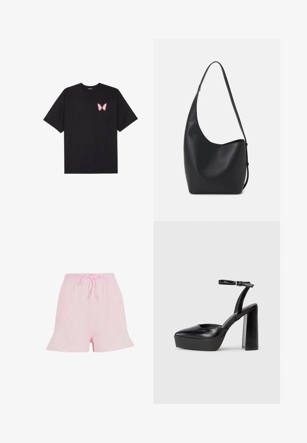 Melna kokvilnas T-krekls ar īsām piedurknēm, kuram priekšā kreisajā pusē ir neliels rozā tauriņa grafiskais attēls. Ar apaļu kaklu un brīvā stila piegriezumu.; Gaiši rozā šorti, kas izgatavoti no teksturēta auduma, ar elastīgu jostiņu un aukliņu, kā arī brīvu, izplestu siluetu.; Melnas platformas papēžs ar norādītu purngala formu un regulējamu potītes siksniņu. Izgatavotas no gludas ādas, ar masīvu bloku papēdi.; Melnas ādas hobo soma ar gludu tekstūru, izliekta forma un vienu regulējamu jostu; augšā ir plaša atvere.