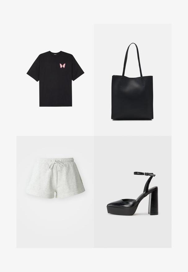 Black cotton t-shirt with short sleeves, featuring a small pink butterfly graphic on the left chest. Crew neck design with a relaxed fit.; Light gray cotton shorts with a drawstring waist, featuring a soft texture and a relaxed fit, ending above the mid-thigh.; Black platform heels with a pointed toe and adjustable ankle strap. Constructed from smooth leather, featuring a chunky block heel.; Black leather tote bag with smooth texture, rectangular shape, and two long handles. No visible hardware or embellishments.