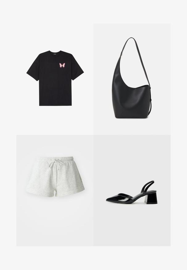Black cotton t-shirt with short sleeves, featuring a small pink butterfly graphic on the left chest. Crew neck design with a relaxed fit.; Light gray cotton shorts with a drawstring waist, featuring a soft texture and a relaxed fit, ending above the mid-thigh.; Black patent leather slingback heels with a pointed toe and a geometric block heel. Features a sleek, minimal design and smooth texture.; Black leather hobo bag with a smooth texture, curved shape, and single adjustable strap; features a wide opening at the top.