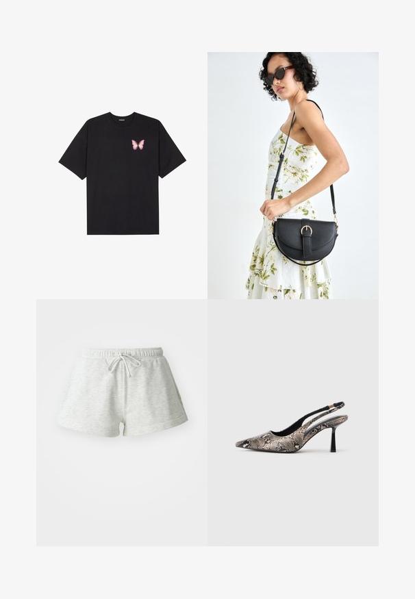Svart bomulls T-skjorte med korte ermer, med en liten rosa sommerfugl grafikk på venstre bryst. Crew-neck design med en avslappet passform.; Lys grå bomullsshorts med snor i livet, med en myk tekstur og en avslappet passform, som slutter over midten av låret.; Pekefotede slingback-sko laget av teksturert slange-print materiale, med en slank svart hæl og et utskjæringsdesign på sidene.; Svart lærveske med en buet form, avtagbar stropp og gullbeslag. Vesken har et klaff med spenne-detall.